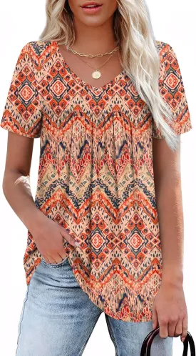 WEESO Womens T Shirts Short Sleeve Pleated Dressy Casual V Neck Summer Tops Blouses