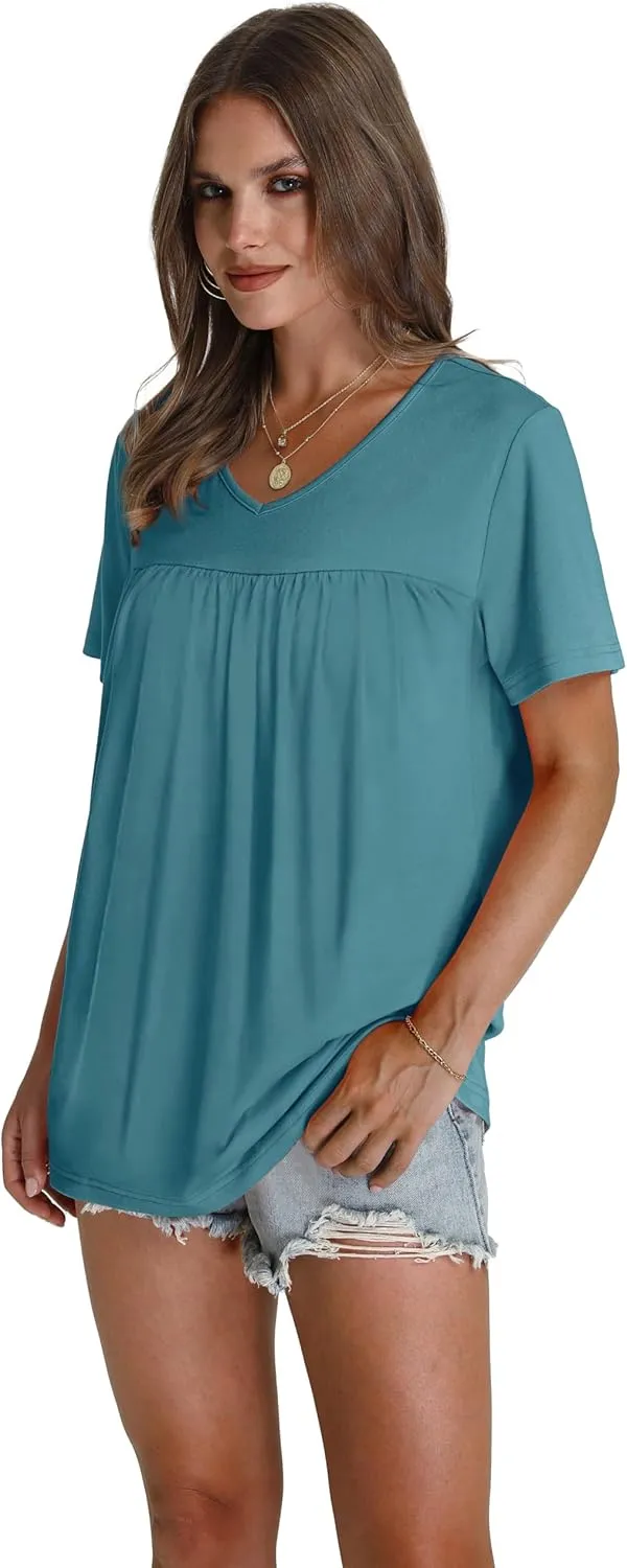 WEESO Womens T Shirts Short Sleeve Pleated Dressy Casual V Neck Summer Tops Blouses