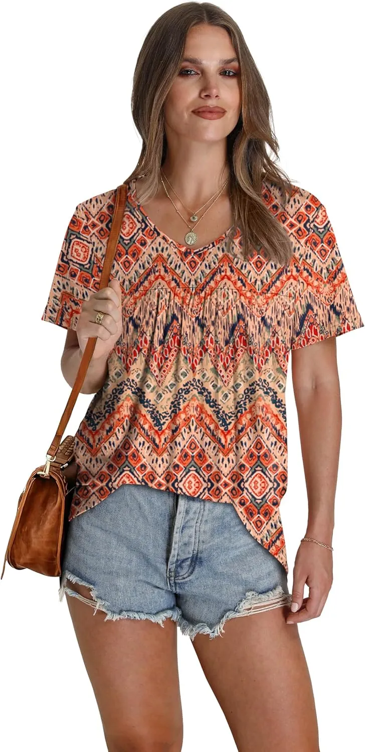 WEESO Womens T Shirts Short Sleeve Pleated Dressy Casual V Neck Summer Tops Blouses