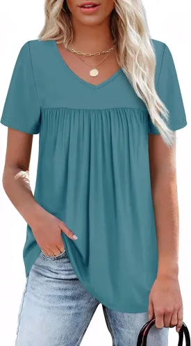 WEESO Womens T Shirts Short Sleeve Pleated Dressy Casual V Neck Summer Tops Blouses