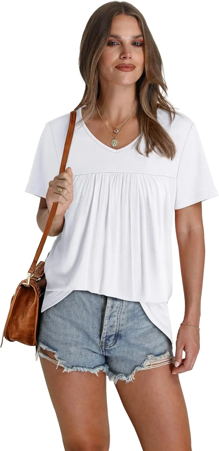 WEESO Womens T Shirts Short Sleeve Pleated Dressy Casual V Neck Summer Tops Blouses