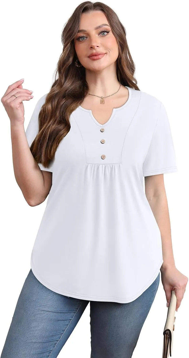 WIHOLL Women Summer Tops Short Sleeve Shirts V Neck Button Dressy Casual Pleated Blouses Fashion Outfits