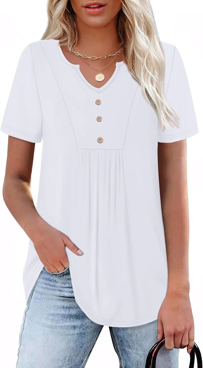 WIHOLL Women Summer Tops Short Sleeve Shirts V Neck Button Dressy Casual Pleated Blouses Fashion Outfits