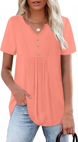 WIHOLL Women Summer Tops Short Sleeve Shirts V Neck Button Dressy Casual Pleated Blouses Fashion Outfits