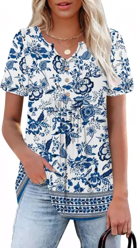 WIHOLL Women Summer Tops Short Sleeve Shirts V Neck Button Dressy Casual Pleated Blouses Fashion Outfits