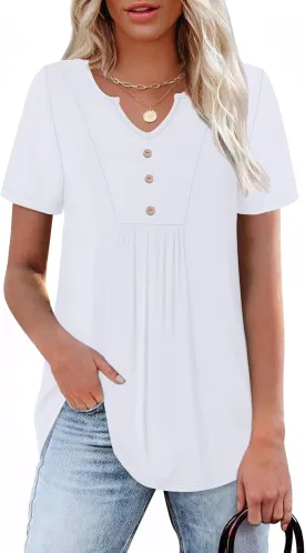WIHOLL Women Summer Tops Short Sleeve Shirts V Neck Button Dressy Casual Pleated Blouses Fashion Outfits