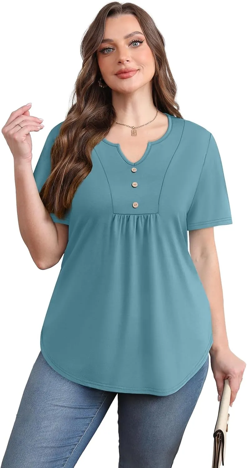 WIHOLL Women Summer Tops Short Sleeve Shirts V Neck Button Dressy Casual Pleated Blouses Fashion Outfits