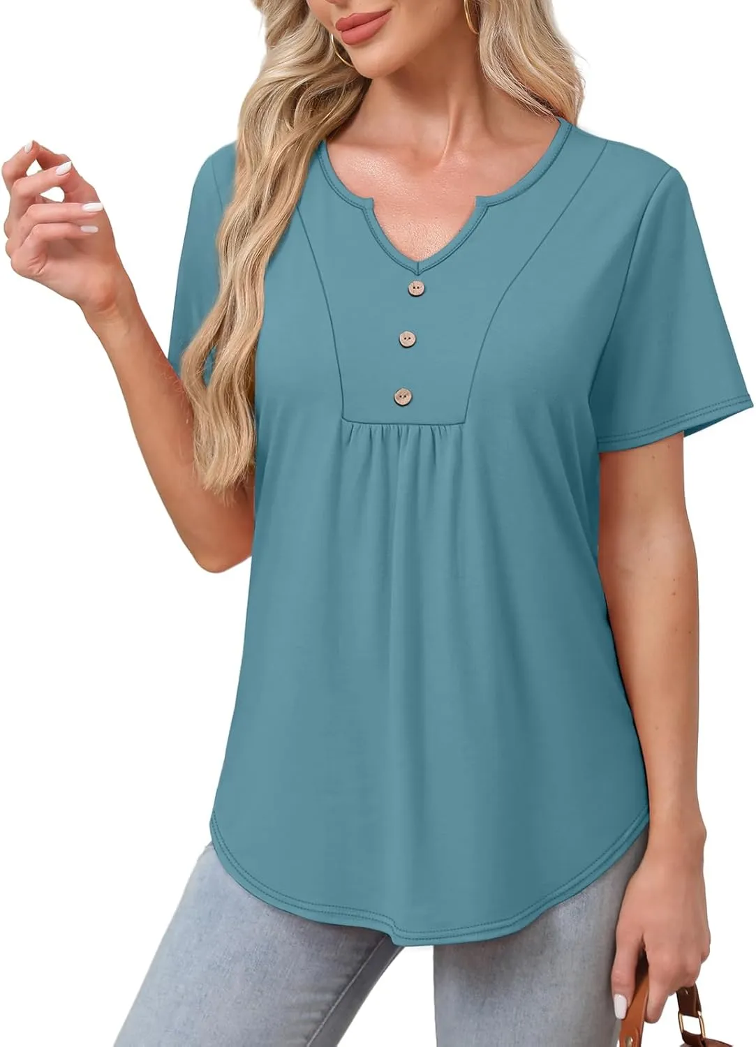 WIHOLL Women Summer Tops Short Sleeve Shirts V Neck Button Dressy Casual Pleated Blouses Fashion Outfits