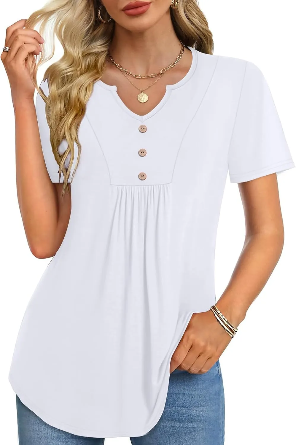WIHOLL Women Summer Tops Short Sleeve Shirts V Neck Button Dressy Casual Pleated Blouses Fashion Outfits
