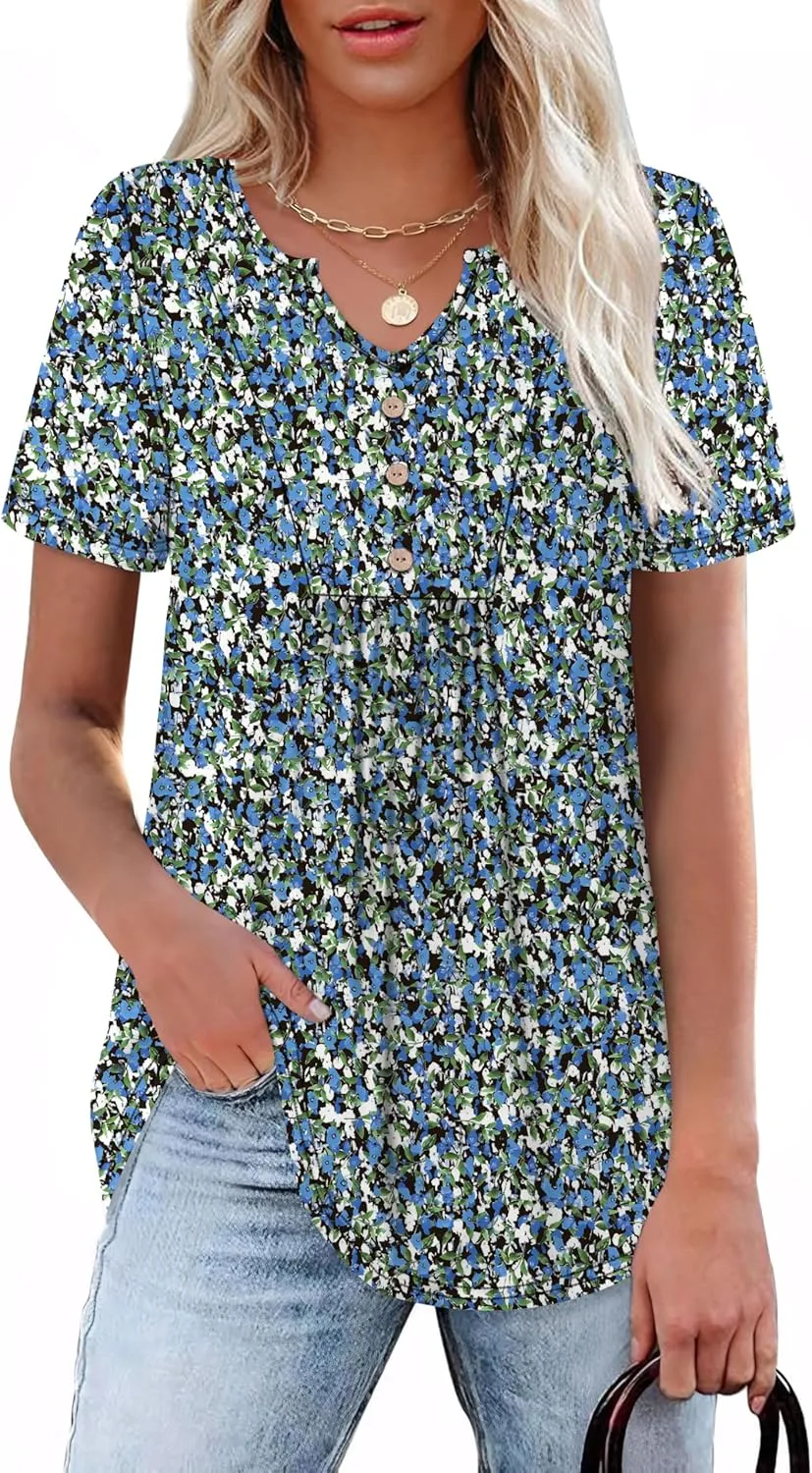 WIHOLL Women Summer Tops Short Sleeve Shirts V Neck Button Dressy Casual Pleated Blouses Fashion Outfits
