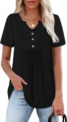 WIHOLL Women Summer Tops Short Sleeve Shirts V Neck Button Dressy Casual Pleated Blouses Fashion Outfits