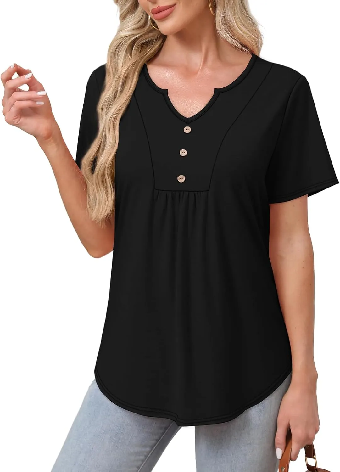 WIHOLL Women Summer Tops Short Sleeve Shirts V Neck Button Dressy Casual Pleated Blouses Fashion Outfits