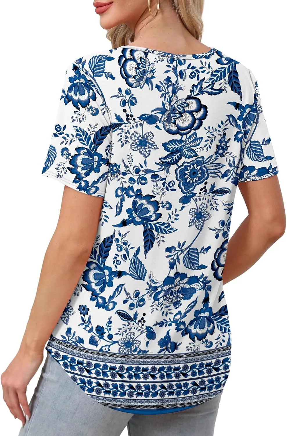 WIHOLL Women Summer Tops Short Sleeve Shirts V Neck Button Dressy Casual Pleated Blouses Fashion Outfits