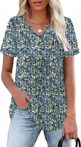 WIHOLL Women Summer Tops Short Sleeve Shirts V Neck Button Dressy Casual Pleated Blouses Fashion Outfits