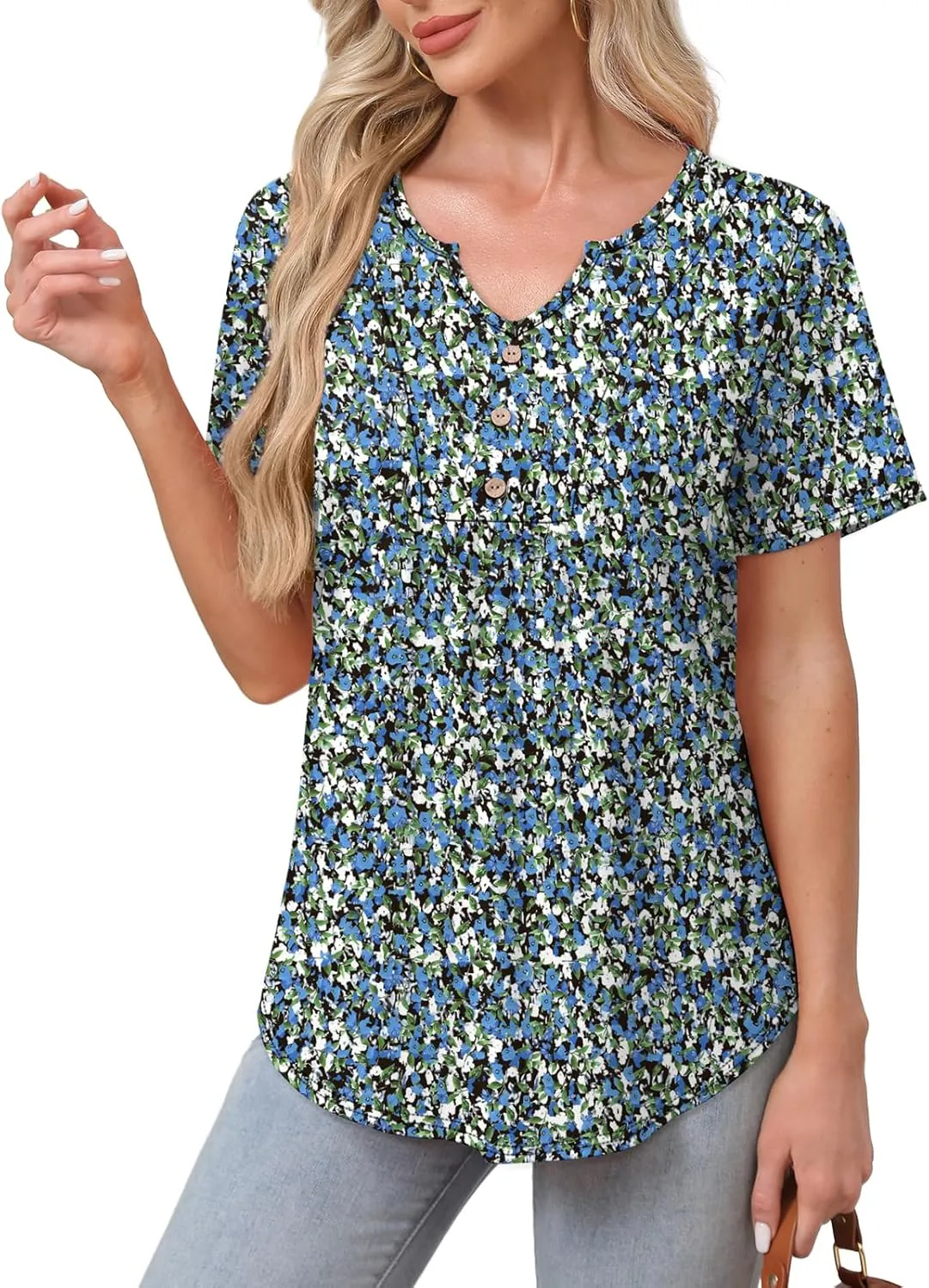 WIHOLL Women Summer Tops Short Sleeve Shirts V Neck Button Dressy Casual Pleated Blouses Fashion Outfits