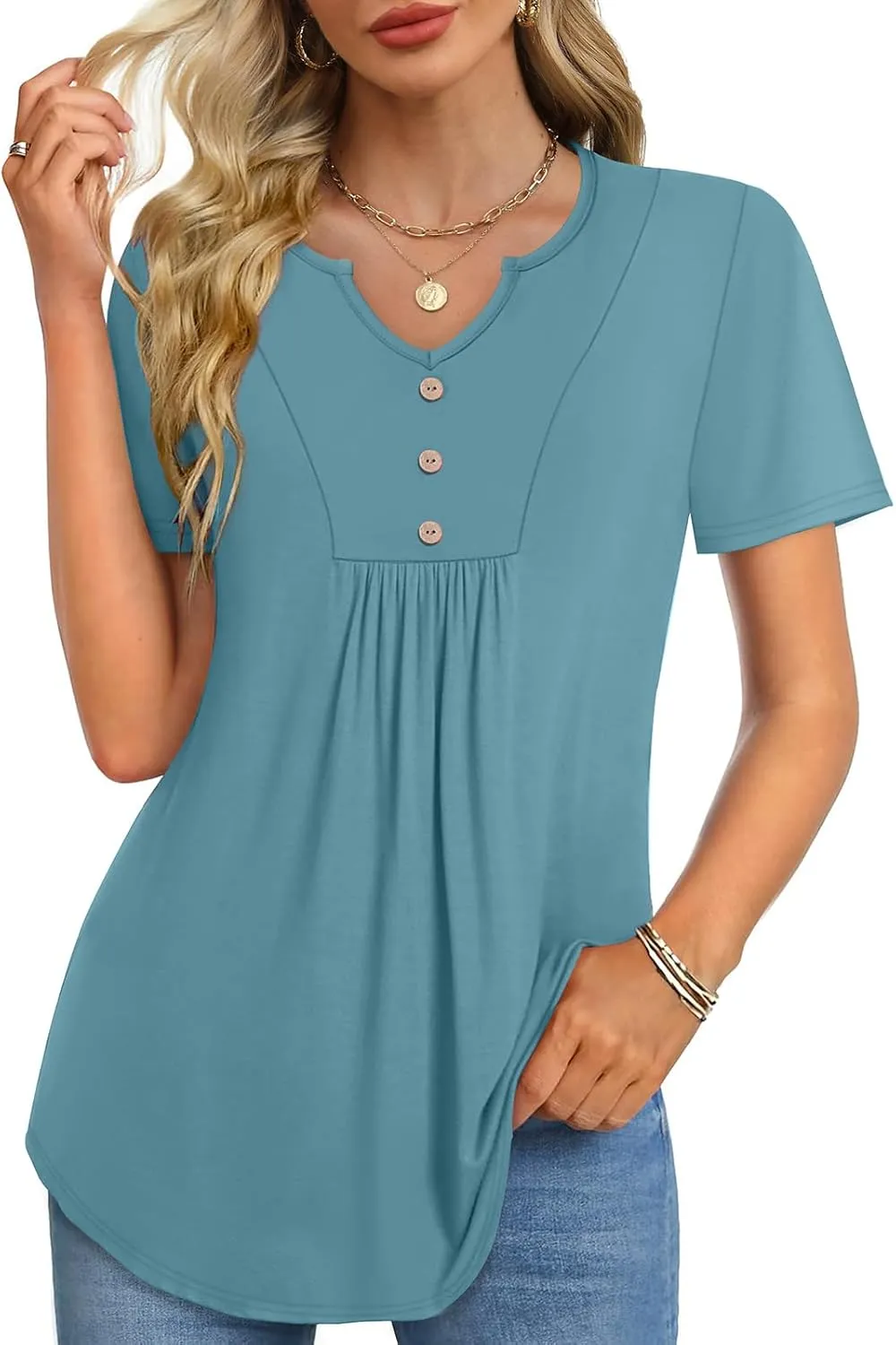 WIHOLL Women Summer Tops Short Sleeve Shirts V Neck Button Dressy Casual Pleated Blouses Fashion Outfits