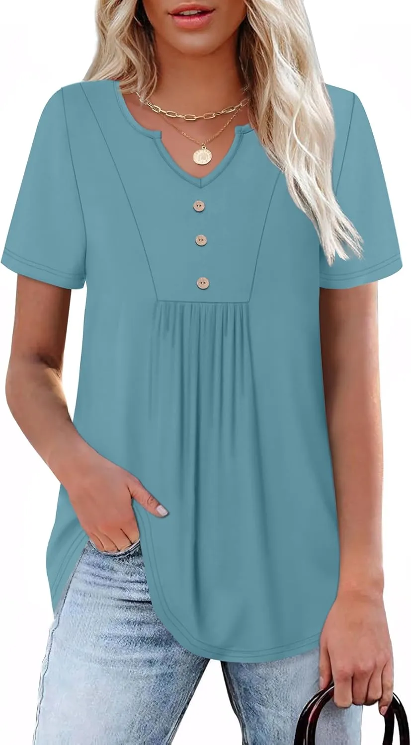 WIHOLL Women Summer Tops Short Sleeve Shirts V Neck Button Dressy Casual Pleated Blouses Fashion Outfits