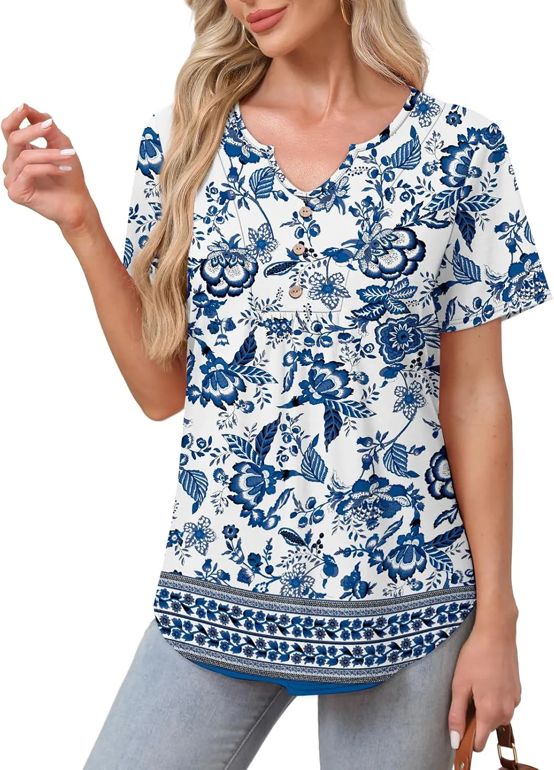 WIHOLL Women Summer Tops Short Sleeve Shirts V Neck Button Dressy Casual Pleated Blouses Fashion Outfits