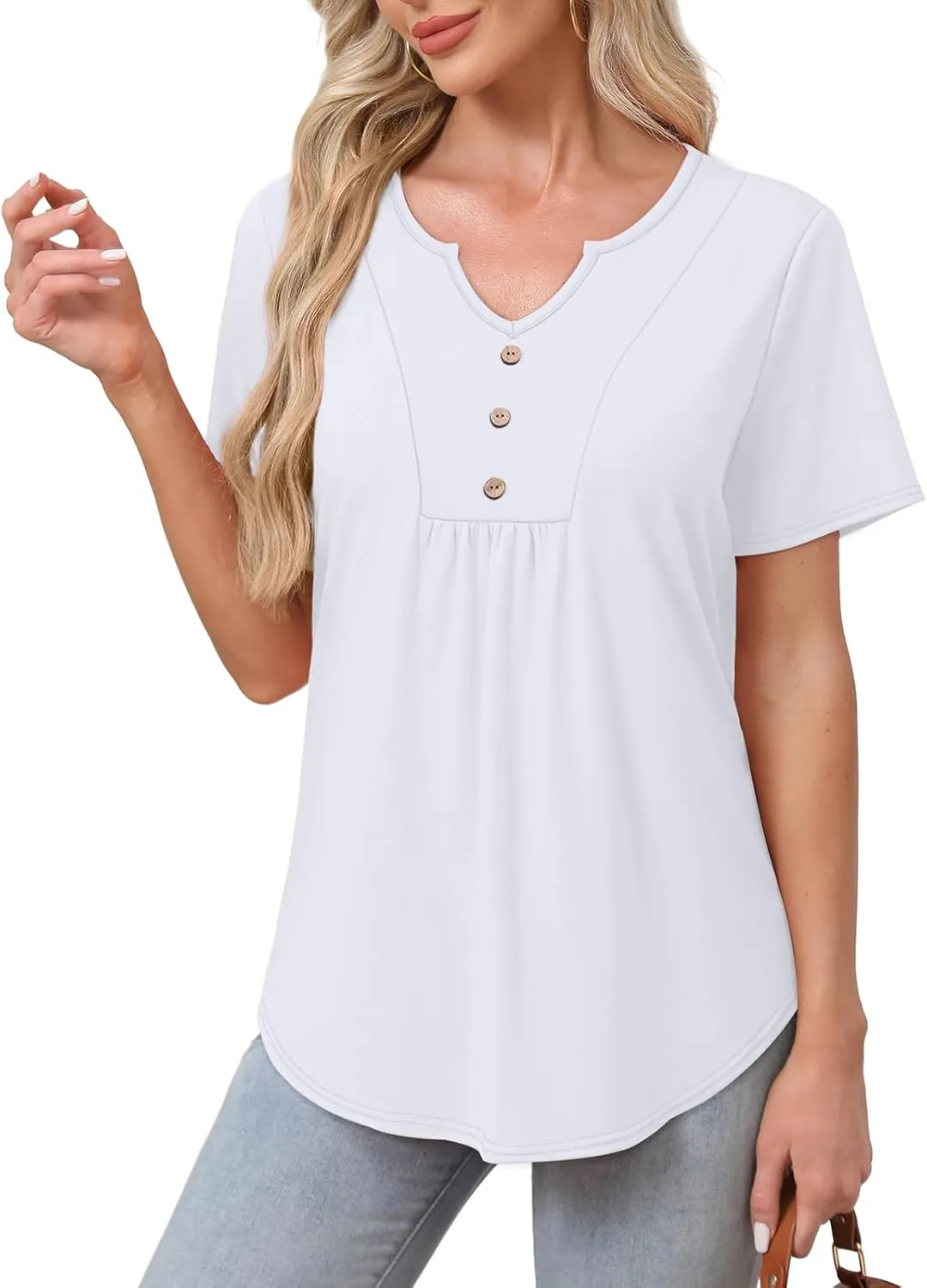 WIHOLL Women Summer Tops Short Sleeve Shirts V Neck Button Dressy Casual Pleated Blouses Fashion Outfits