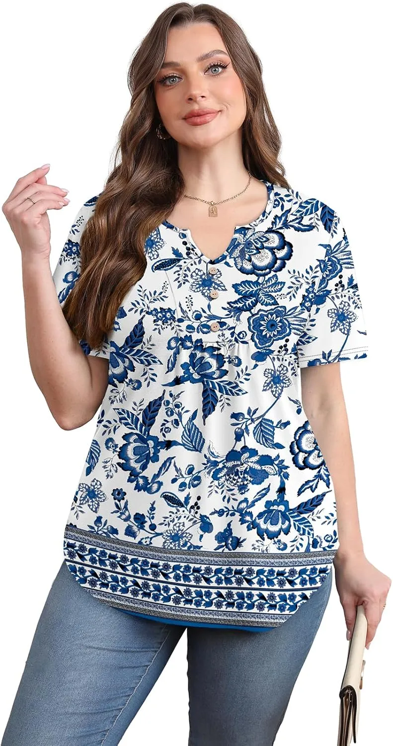 WIHOLL Women Summer Tops Short Sleeve Shirts V Neck Button Dressy Casual Pleated Blouses Fashion Outfits
