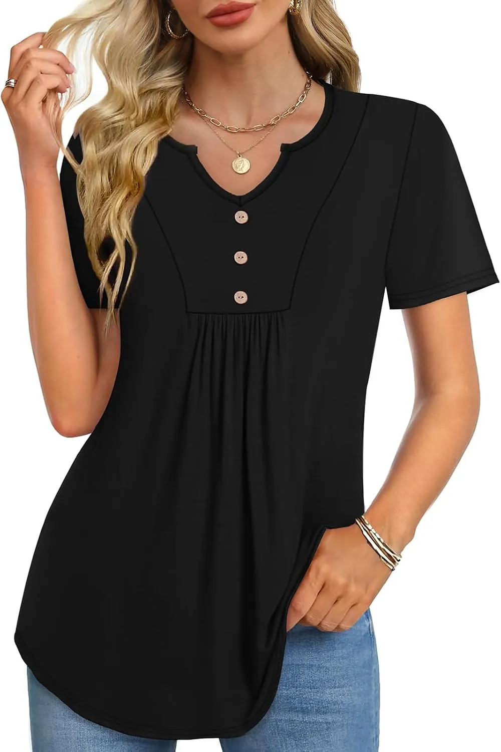 WIHOLL Women Summer Tops Short Sleeve Shirts V Neck Button Dressy Casual Pleated Blouses Fashion Outfits