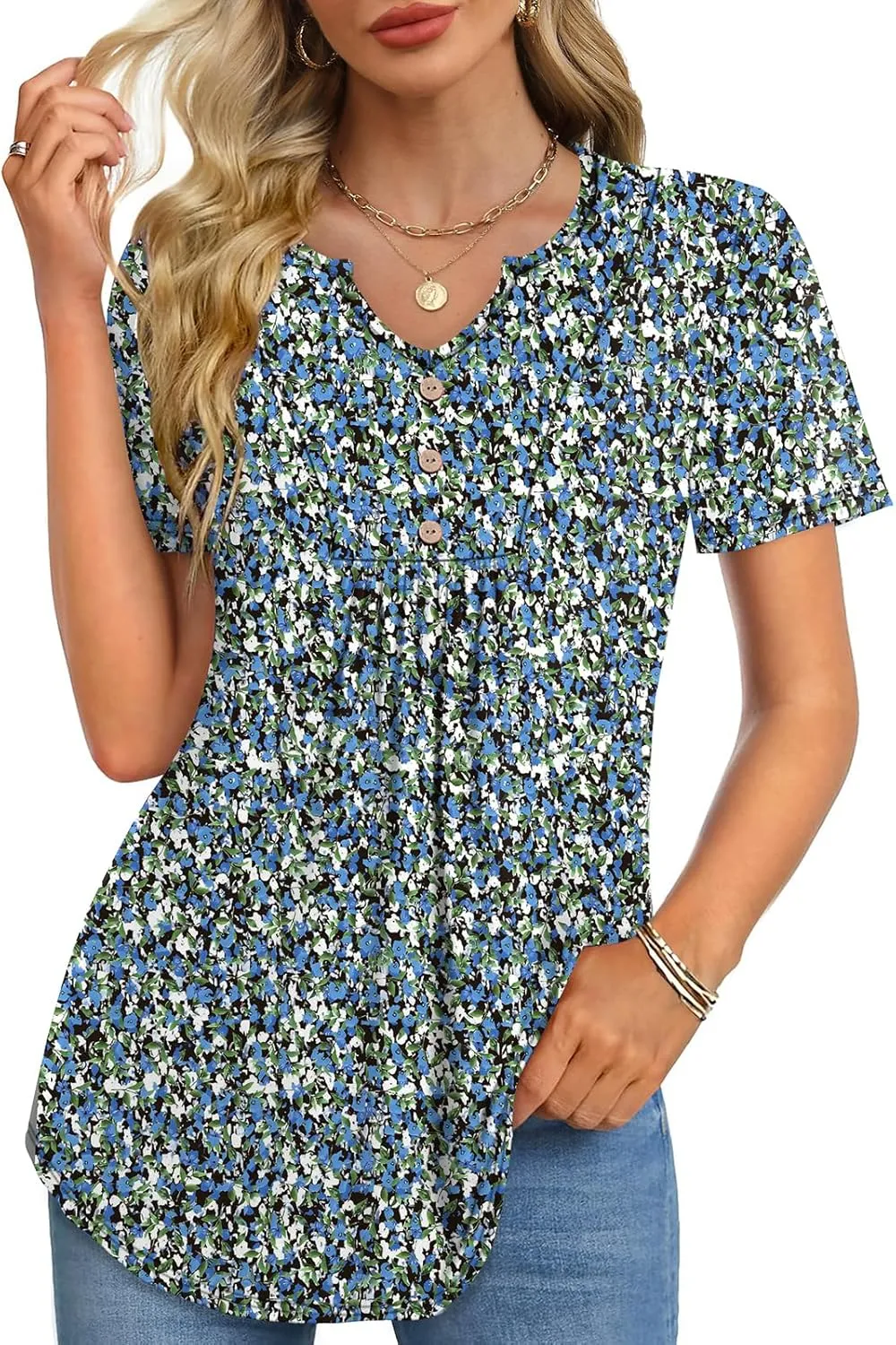 WIHOLL Women Summer Tops Short Sleeve Shirts V Neck Button Dressy Casual Pleated Blouses Fashion Outfits