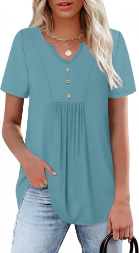 WIHOLL Women Summer Tops Short Sleeve Shirts V Neck Button Dressy Casual Pleated Blouses Fashion Outfits
