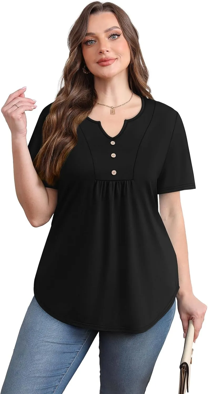 WIHOLL Women Summer Tops Short Sleeve Shirts V Neck Button Dressy Casual Pleated Blouses Fashion Outfits