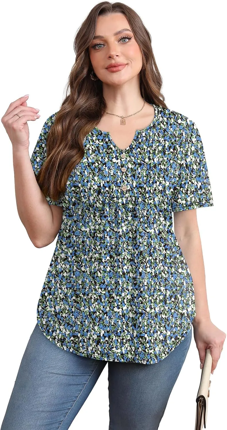 WIHOLL Women Summer Tops Short Sleeve Shirts V Neck Button Dressy Casual Pleated Blouses Fashion Outfits