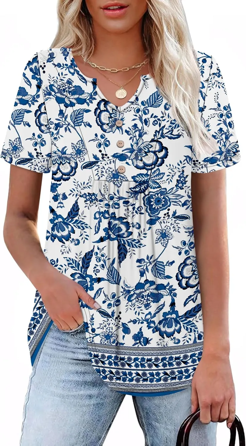 WIHOLL Women Summer Tops Short Sleeve Shirts V Neck Button Dressy Casual Pleated Blouses Fashion Outfits