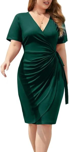 WINDMILL Women's Plus Size Wrap V Neck Dress for Curvy Women Ruched Tie Waist Short Sleeve Knee Length Plus Dress