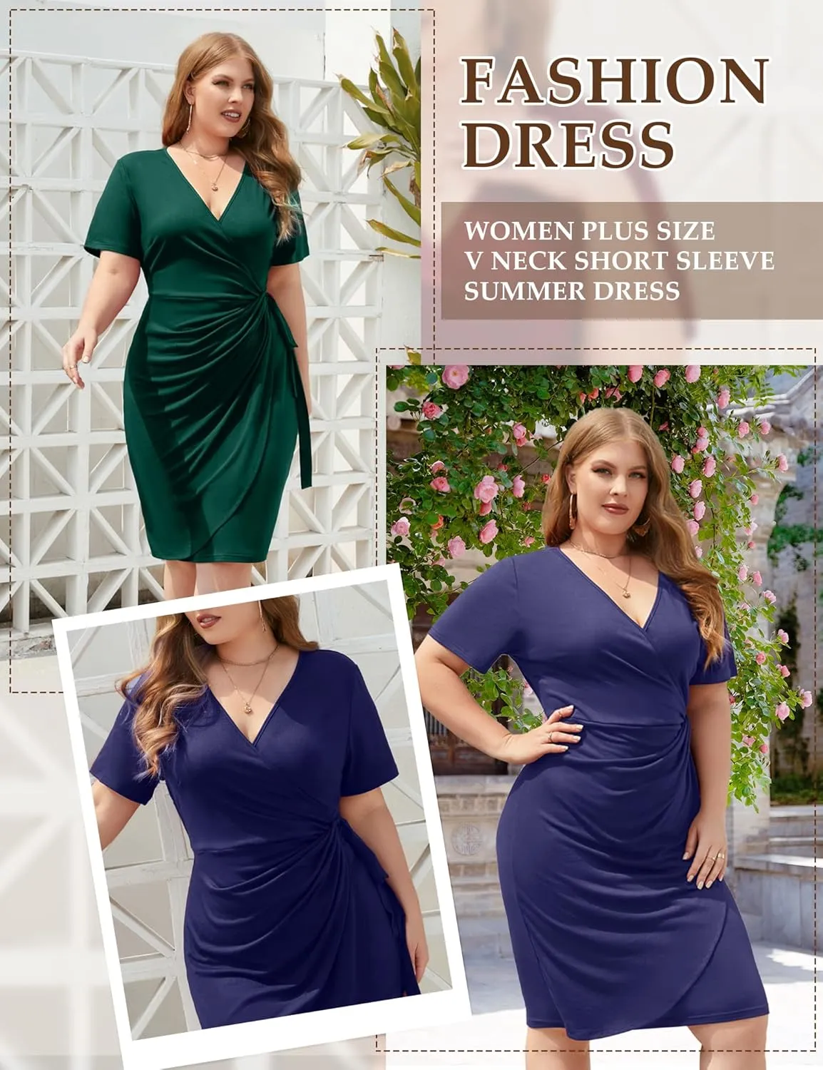 WINDMILL Women's Plus Size Wrap V Neck Dress for Curvy Women Ruched Tie Waist Short Sleeve Knee Length Plus Dress