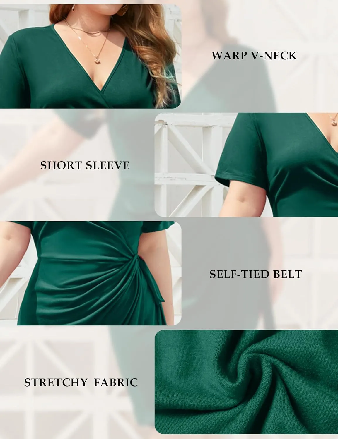 WINDMILL Women's Plus Size Wrap V Neck Dress for Curvy Women Ruched Tie Waist Short Sleeve Knee Length Plus Dress