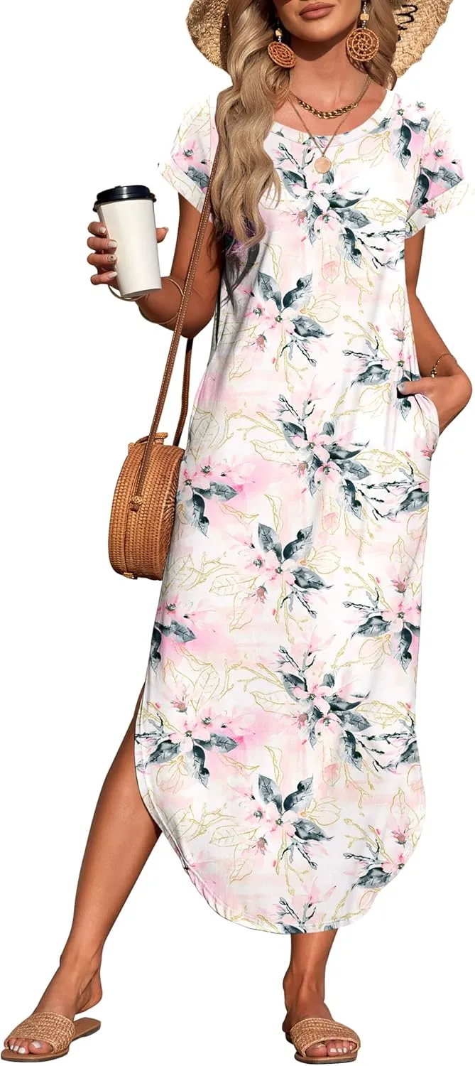 WNEEDU Womens Summer Dresses Casual Loose Short Sleeve Long T Shirt Dress Split Maxi Beach Sundress Travel Vacation Outfits