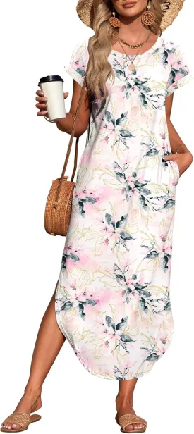 WNEEDU Womens Summer Dresses Casual Loose Short Sleeve Long T Shirt Dress Split Maxi Beach Sundress Travel Vacation Outfits
