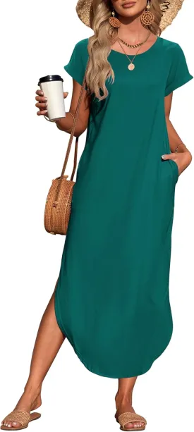 WNEEDU Womens Summer Dresses Casual Loose Short Sleeve Long T Shirt Dress Split Maxi Beach Sundress Travel Vacation Outfits