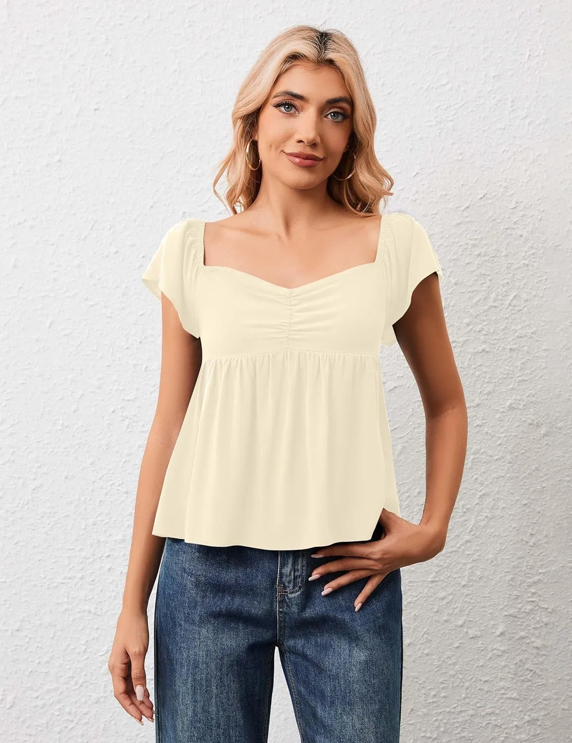 Women Babydoll Peplum Tank Top Sweetheart Neck Ruffle Cap Sleeve Tank Tops Backless Smocked Shirts Flowy Tops