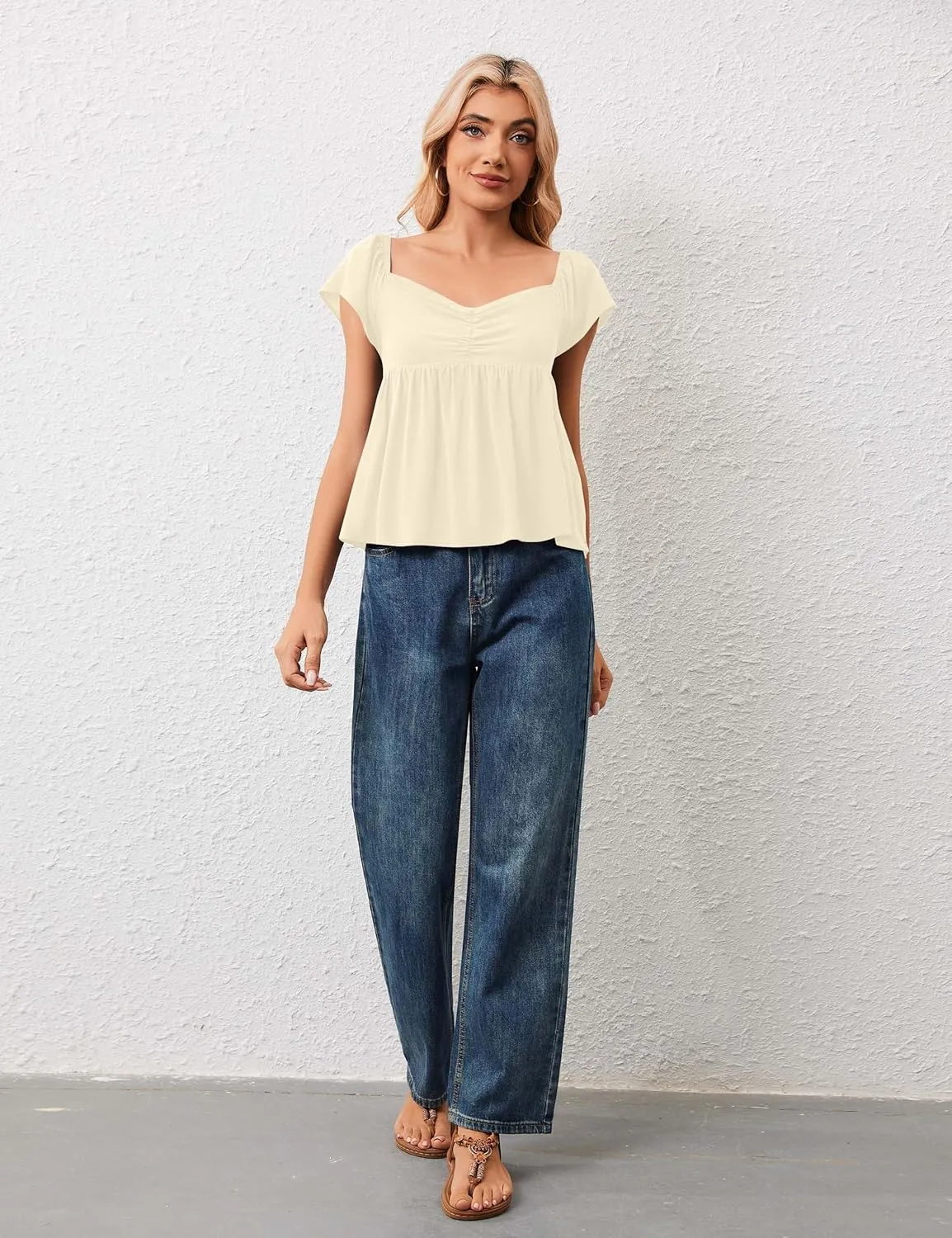 Women Babydoll Peplum Tank Top Sweetheart Neck Ruffle Cap Sleeve Tank Tops Backless Smocked Shirts Flowy Tops