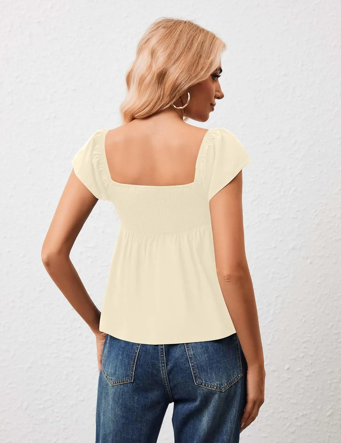 Women Babydoll Peplum Tank Top Sweetheart Neck Ruffle Cap Sleeve Tank Tops Backless Smocked Shirts Flowy Tops