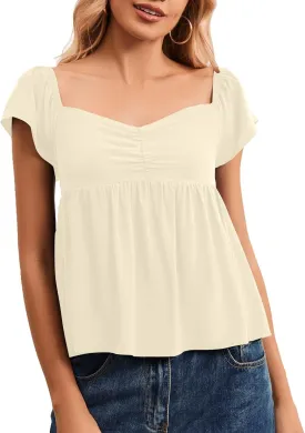 Women Babydoll Peplum Tank Top Sweetheart Neck Ruffle Cap Sleeve Tank Tops Backless Smocked Shirts Flowy Tops
