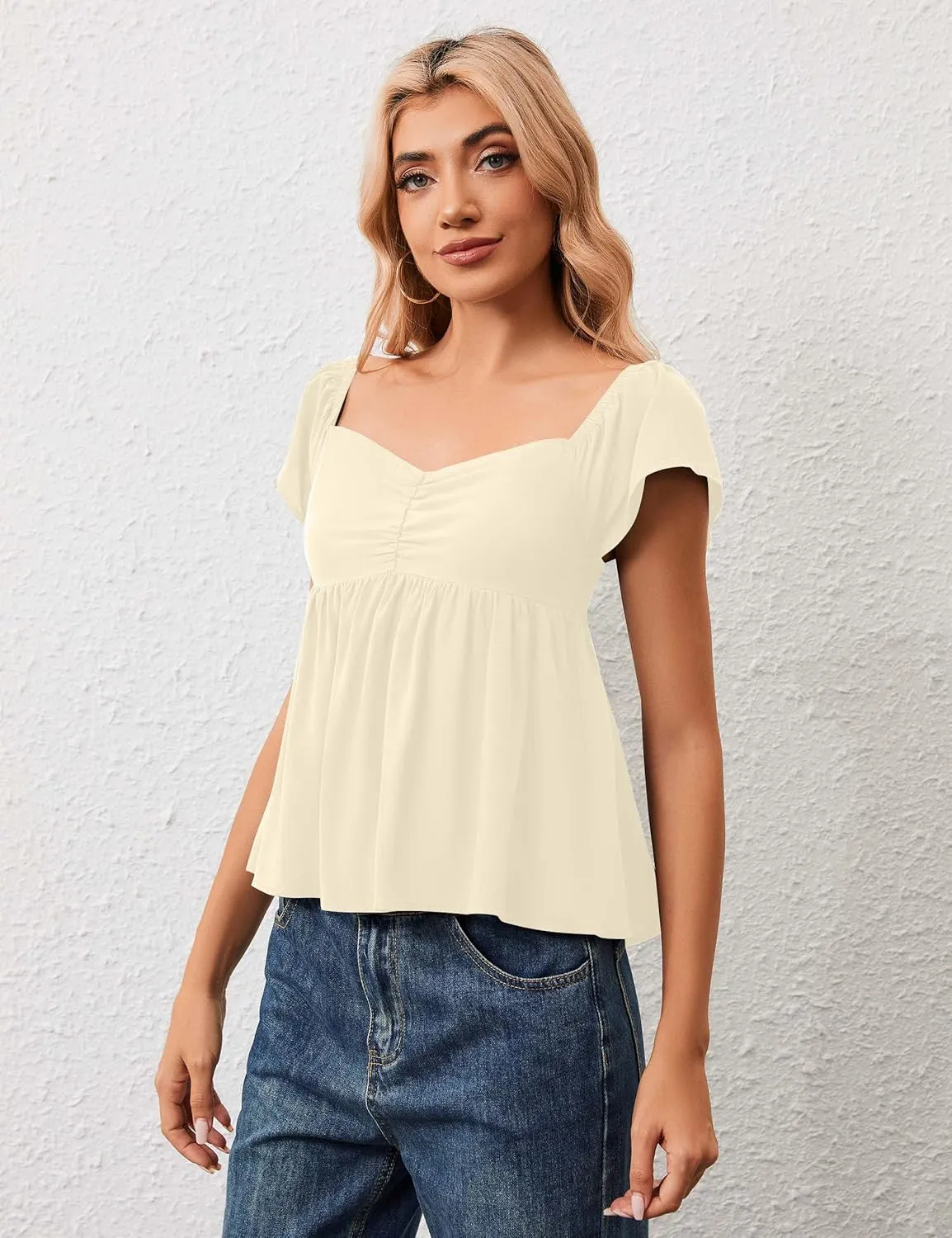 Women Babydoll Peplum Tank Top Sweetheart Neck Ruffle Cap Sleeve Tank Tops Backless Smocked Shirts Flowy Tops