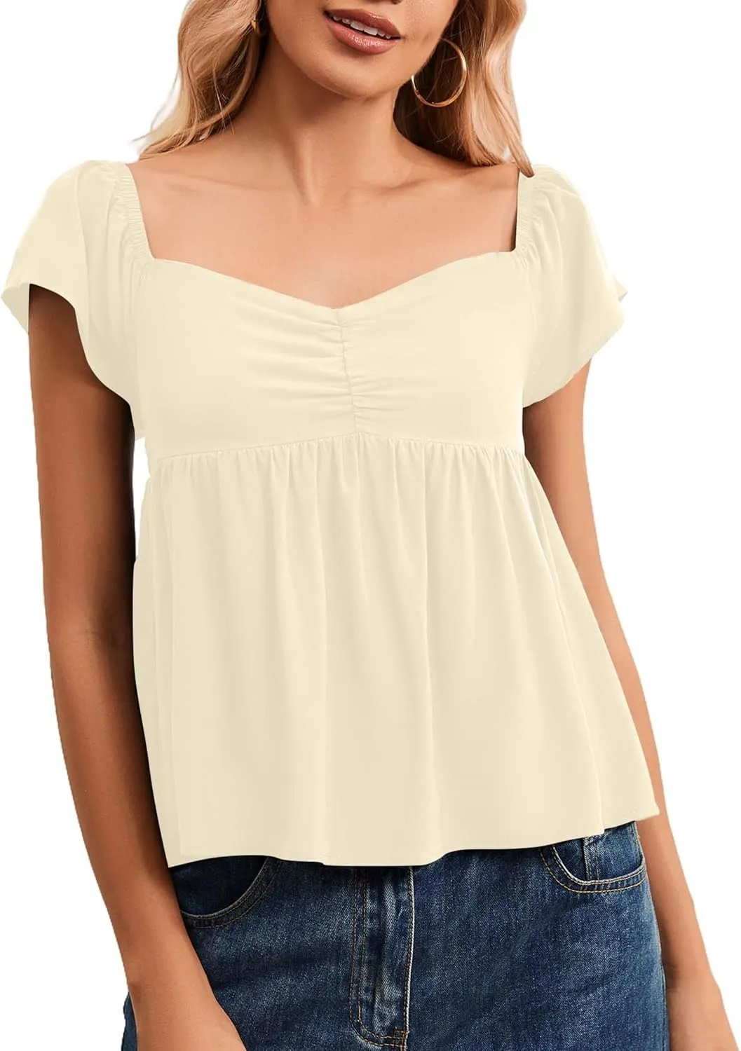 Women Babydoll Peplum Tank Top Sweetheart Neck Ruffle Cap Sleeve Tank Tops Backless Smocked Shirts Flowy Tops