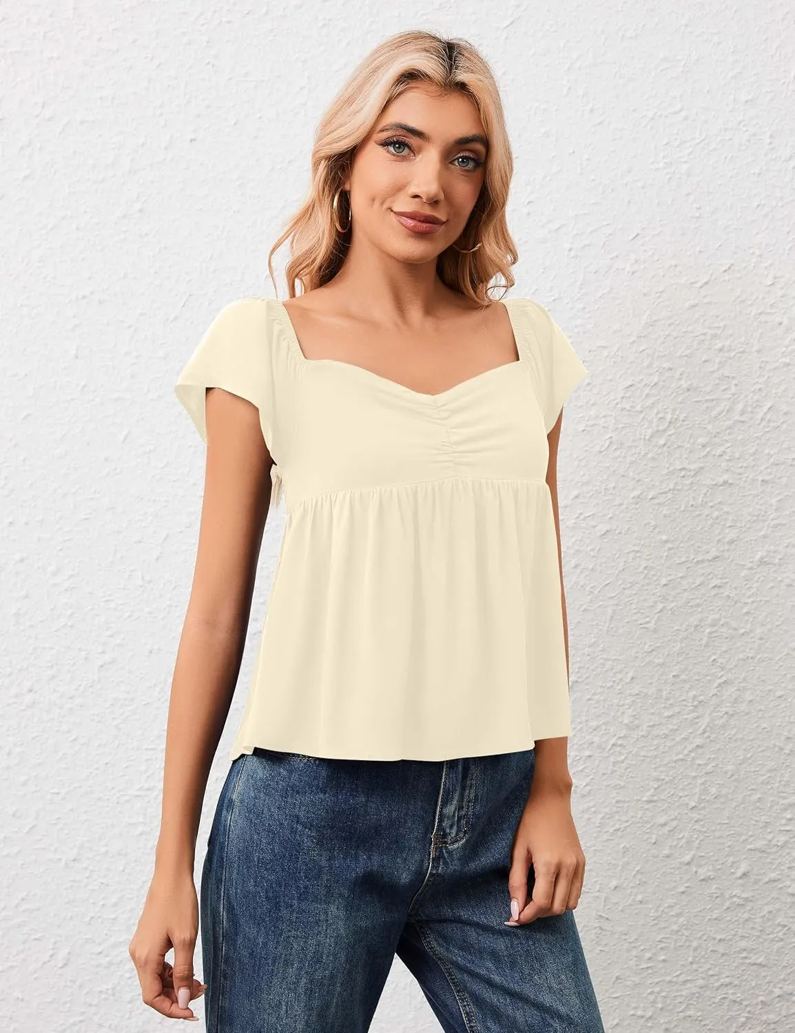 Women Babydoll Peplum Tank Top Sweetheart Neck Ruffle Cap Sleeve Tank Tops Backless Smocked Shirts Flowy Tops