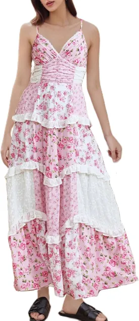 Women Boho Tie Shoulder Maxi Dress Y2k Floral Smocked Long Dress Sleeveless Flowy Summer Beach Sundress
