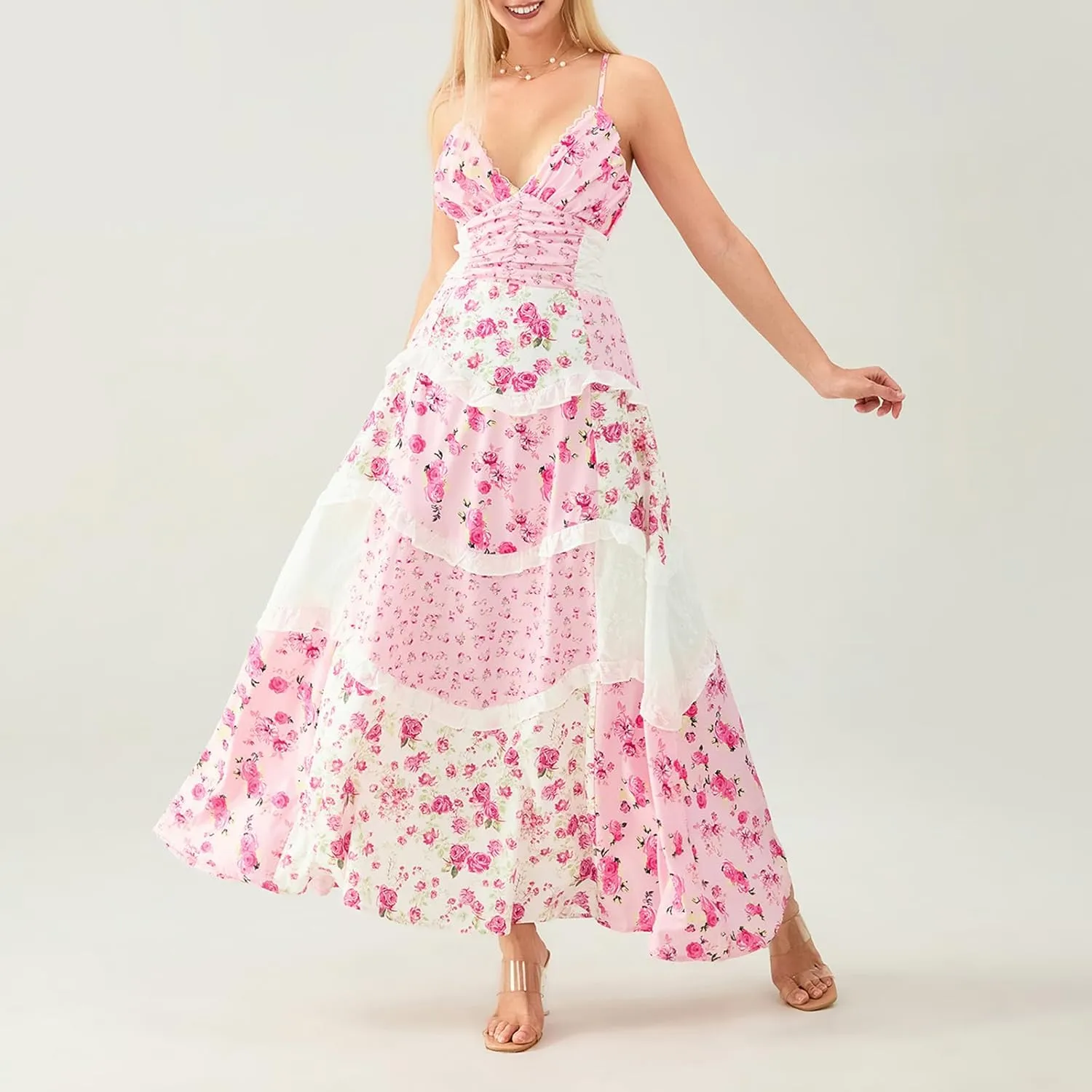 Women Boho Tie Shoulder Maxi Dress Y2k Floral Smocked Long Dress Sleeveless Flowy Summer Beach Sundress