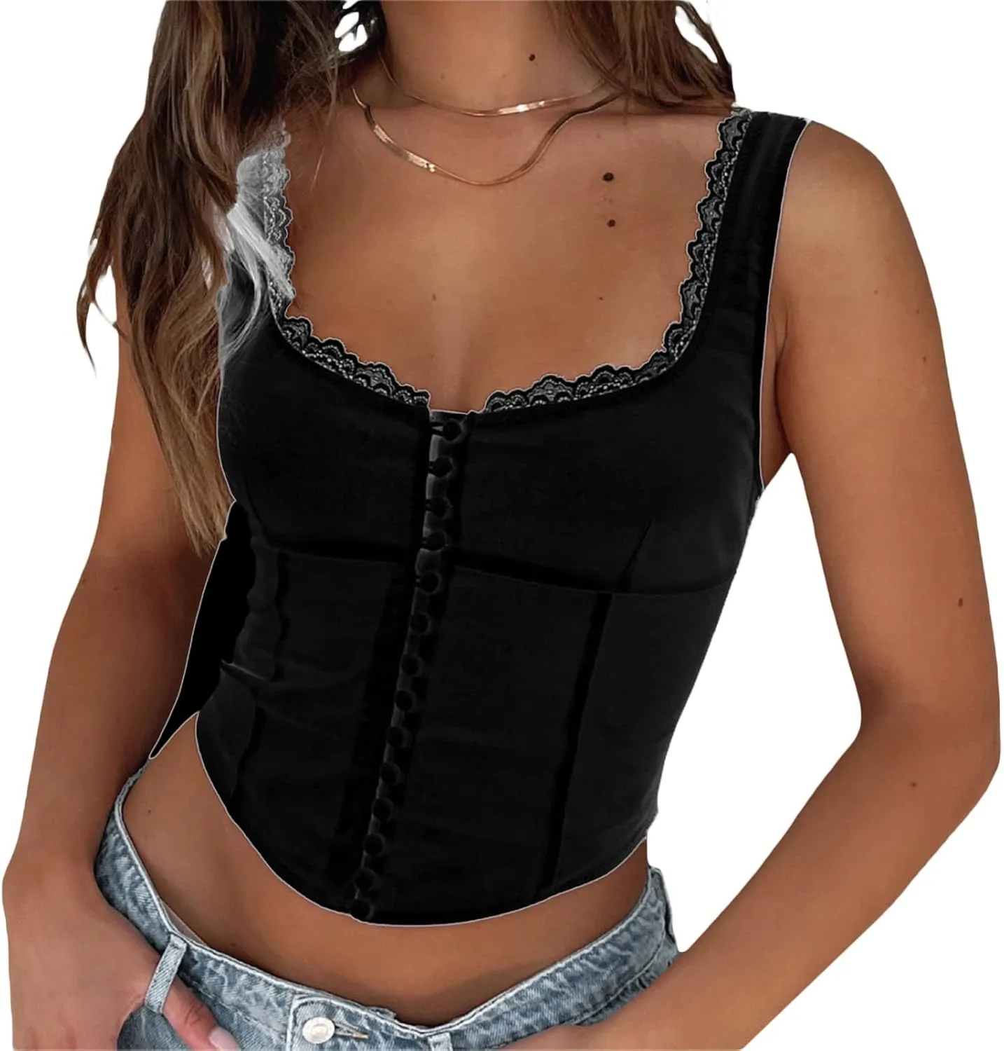 Women Lace Trim Tank Tops Floral Print Sleeveless Square Neck Front Tie Button Crop Top Summer Slim Fit Ruched Vest