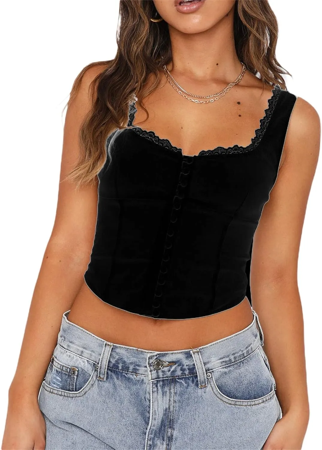 Women Lace Trim Tank Tops Floral Print Sleeveless Square Neck Front Tie Button Crop Top Summer Slim Fit Ruched Vest