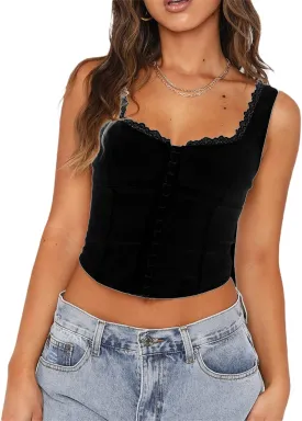 Women Lace Trim Tank Tops Floral Print Sleeveless Square Neck Front Tie Button Crop Top Summer Slim Fit Ruched Vest