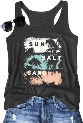 Women Vintage Beach Graphic Racerback Tank Top Summer Vacation Hawaiian Sunset Sun Sand Sleeveless Basic-Fit Shirt Cami