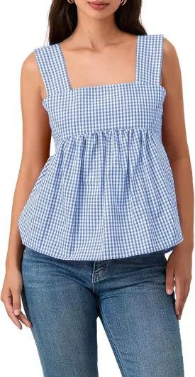 Women Y2k Going Out Tank Tops Gingham Square Neck Peplum Cami Tank Sleeveless Backless Shirt Bowtie Blouse Summer
